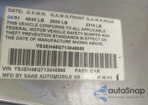 2001 Saab 9-5 Aero z USA, uszkodzony, nr VIN YS3EH48G713048885